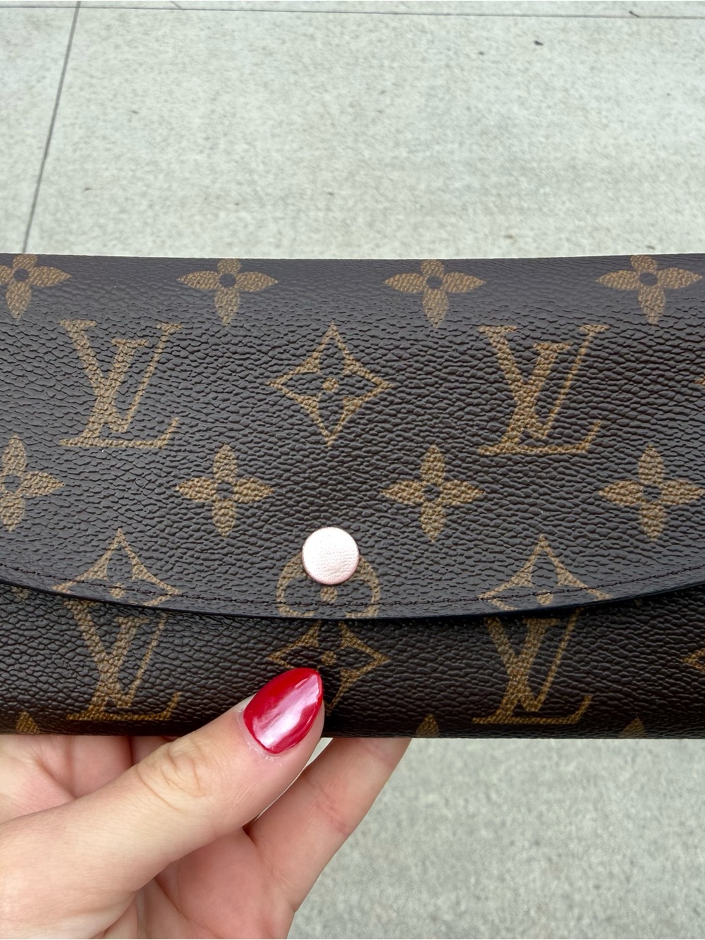 Louis Vuitton Brown Monogram Emilie Wallet with Rose Gold/Pink Snap